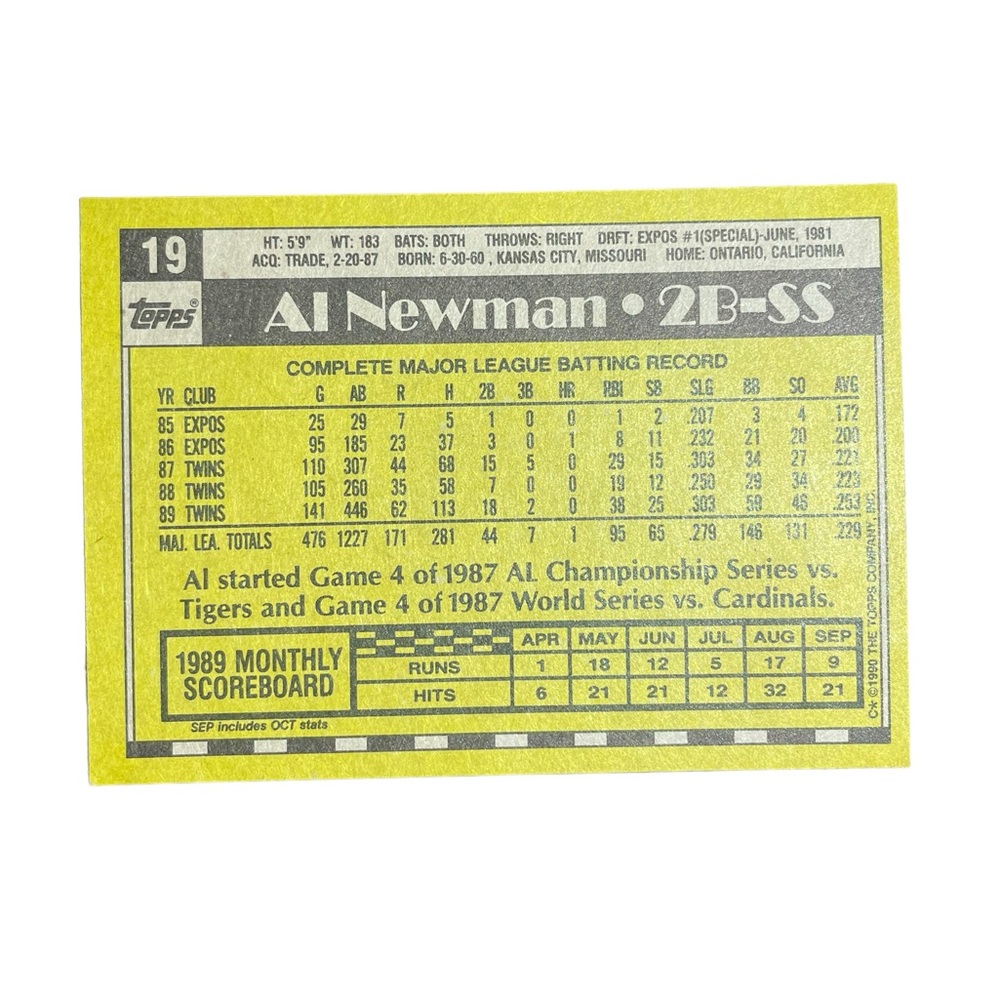 1990 al newman minnesota twins topps baseball card # 19 - Picture 2 of 5